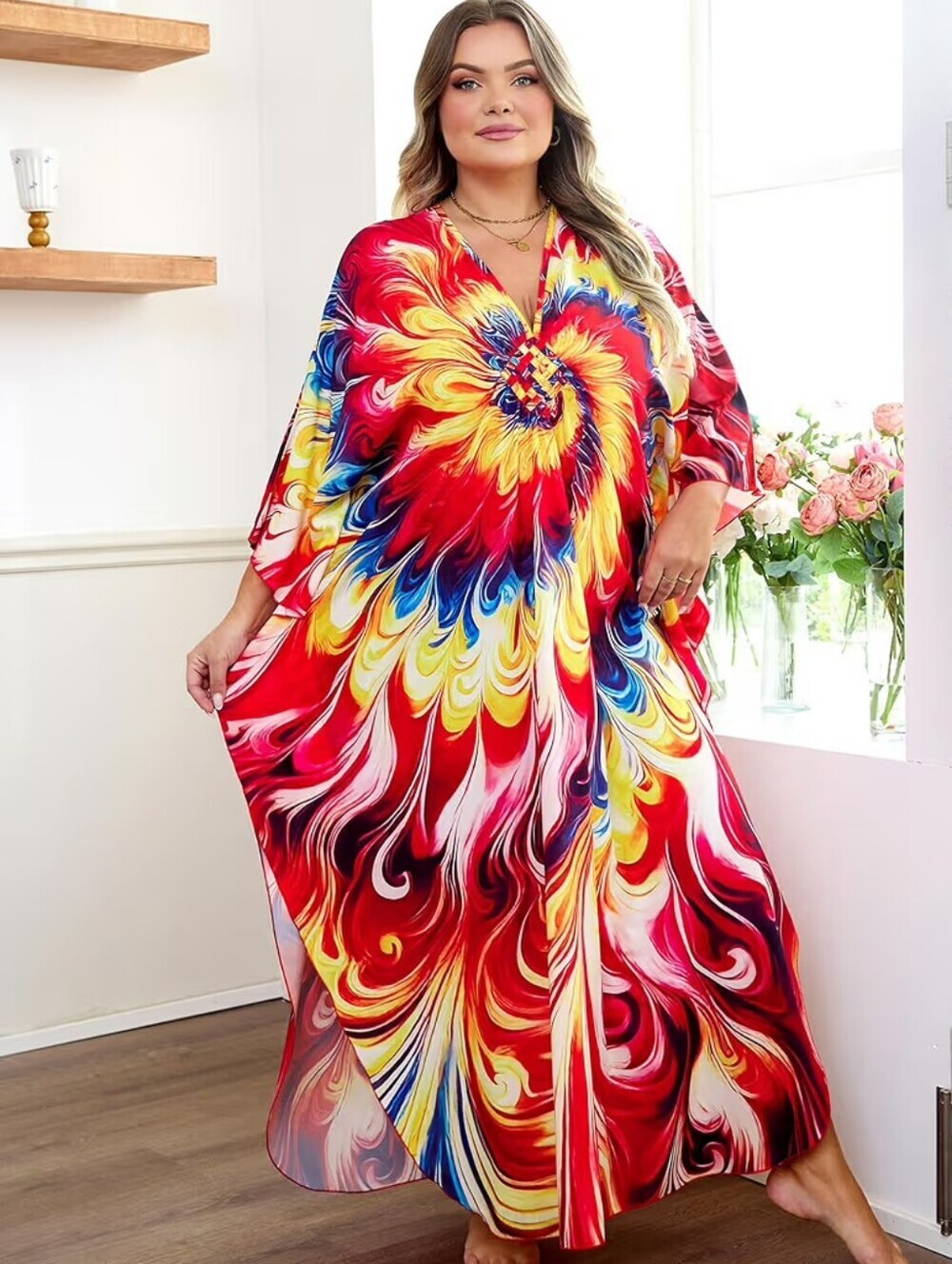Kaftan Dress V-neck Swimsuit Coverup Batwing Sleeves